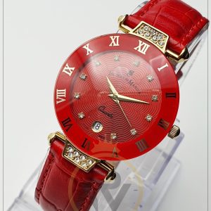 Jacques Du Manoir Womens Swiss Made Quartz Leather Strap Red Dial Mm