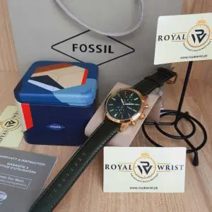 Fossil Men’s Chronograph Quartz Green Leather Strap Green Dial 44mm Watch FS5599