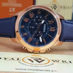 Fossil Men’s Quartz Chronograph Blue Leather Strap Blue Dial 44mm Watch FS4835