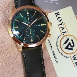 Fossil Men’s Chronograph Quartz Green Leather Strap Green Dial 44mm Watch FS5599