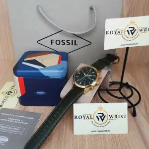 Fossil Men’s Chronograph Quartz Green Leather Strap Green Dial 44mm Watch FS5599