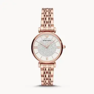 Emporio Armani Women’s Quartz Rose Gold Stainless Steel Silver Crystal Pave Dial 32mm Watch AR11244
