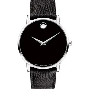 Movado Men’s Quartz Swiss Made Leather Strap Black Dial 40mm Watch 0607194