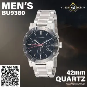 BURBERRY Men’s Chronograph Swiss made Stainless Steel Black Dial 42mm Watch BU9380
