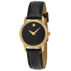 Movado Women’s Quartz Swiss Made Black Leather Strap Black Dial 26mm Watch 2100006