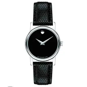 Movado Women’s Swiss Made Quartz Black Leather Strap Black Dial 26mm Watch 2100004