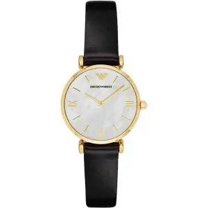 Emporio Armani Women’s Quartz Black Leather Strap Mother of Pearl Dial 32mm Watch AR1910