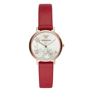 Emporio Armani Women’s Quartz Red Leather Strap Silver Dial 32mm Watch AR11114