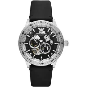 Emporio Armani Men’s Automatic Black Leather Strap Black Dial 43mm Watch AR60051
