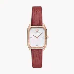 Emporio Armani Women’s Quartz Red Leather Strap Mother Of Pearl Dial 24mm Watch AR11467