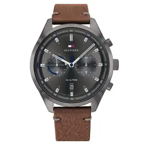 Tommy Hilfiger Men’s Quartz Brown Leather Strap Grey Dial 44mm Watch 1791730