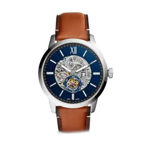 Fossil Men’s Automatic Brown Leather Strap Blue Skeleton Dial 48mm Watch ME3154