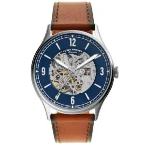 Fossil Men’s Automatic Brown Leather Strap Blue Skeleton Dial 42mm Watch ME3179