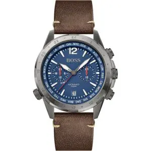 Hugo Boss Men’s Quartz Brown Leather Strap Blue Dial 45mm Watch 1513773