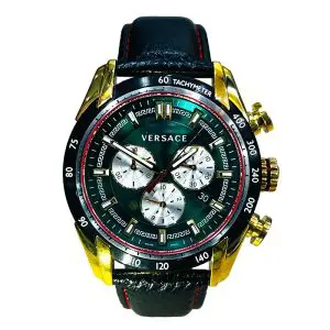 Versace Men’s Quartz Swiss Made Black Leather Strap Green Dial 44mm Watch VDB050014