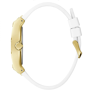 Guess Men’s Quartz White Silicone & Leather Strap Gold Dial 43mm Watch GW0202G6