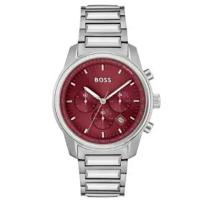 Hugo Boss Men’s Quartz Silver Stainless Steel Red Dial 44mm Watch 1514004