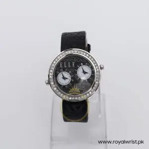 Elle Women’s Quartz Black Leather Strap Black Dial 41mm 2 Time Zone Watch 20038S12N