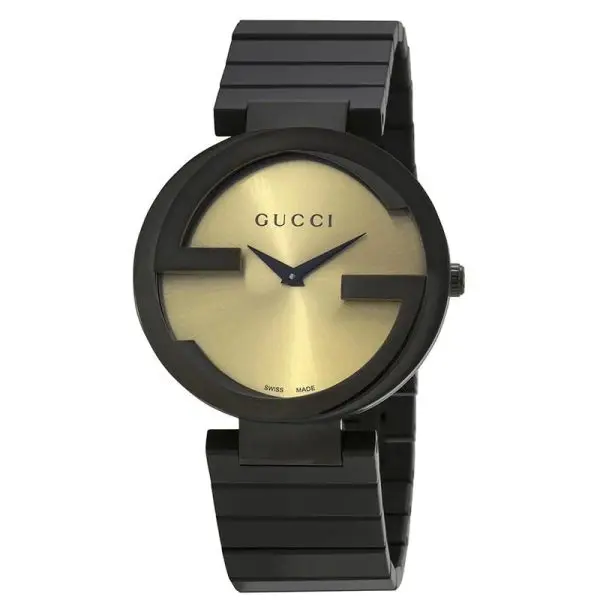 Gucci Interlocking G Quartz Gold Dial Black Steel Strap Watch For Women - YA133314