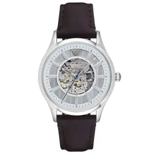 Emporio Armani Men’s Automatic Brown Leather Strap White Dial 43mm Watch AR1946