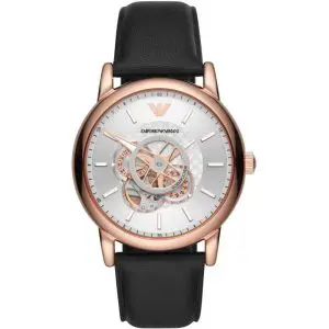 Emporio Armani Men’s Automatic Black Leather Strap Silver Dial 43mm Watch AR60013