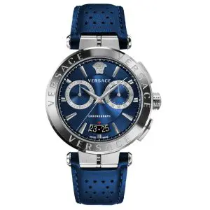 Versace Men’s Quartz Swiss Made Blue Leather Strap Blue Dial 45mm Watch VE1D01220