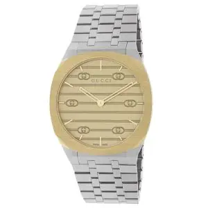 Gucci Women’s Swiss Made Quartz Silver Stainless Steel Gold Dial 34mm Watch YA163403