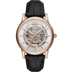 Emporio Armani Men’s Automatic Black Leather Strap Silver Dial 43mm Watch AR60007