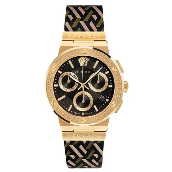 Versace Greca Chronograph Black Dial Brown Leather Strap Watch For Men - VEZ900621