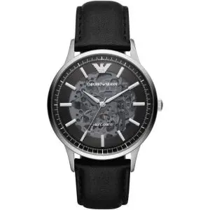 Emporio Armani Men’s Automatic Black Leather Strap Black Dial 43mm Watch AR60038