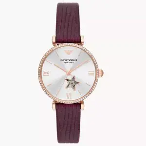 Emporio Armani Women’s Automatic Burgundy Leather Strap Silver Dial 34mm Watch AR60044