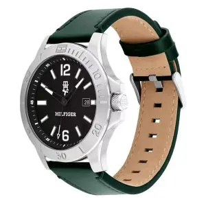 Tommy Hilfiger Men’s Quartz Green Leather Strap Black Dial 46mm Watch 1710531