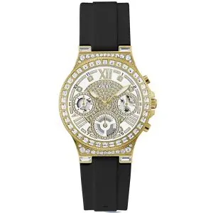 Guess Women’s Quartz Black Silicone Strap Gold & White Dial 36mm Watch GW0257L1