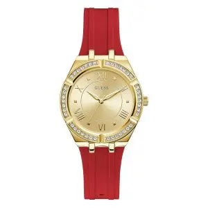Guess Women’s Quartz Red Silicone Strap Gold Dial 36mm Watch GW0034L6