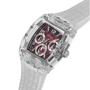 Guess Men’s Quartz Transparent Silicone Strap Burgundy Dial 42mm Watch GW0499G9