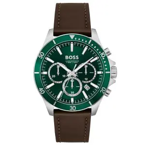 Hugo Boss Men’s Quartz Brown Leather Strap Green Dial 45mm Watch 1514098