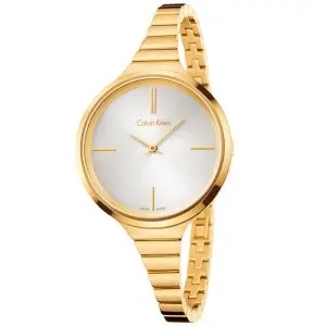 Calvin Klein Women’s Swiss Made Quartz Gold Stainless Steel Silver Dial 34mm Watch K4U23526