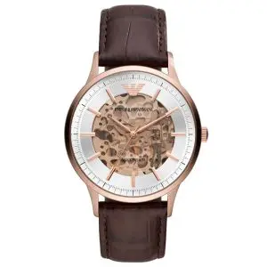 Emporio Armani Men’s Automatic Brown Leather Strap Silver Dial 43mm Watch AR60039