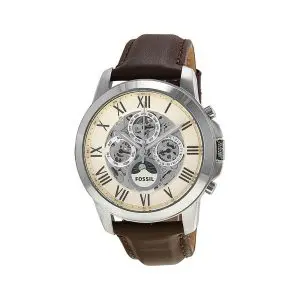 Fossil Men’s Automatic Brown Leather Strap Off-White Skeleton Dial 44mm Watch ME3027