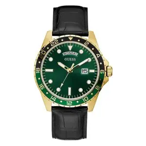 Guess Men’s Quartz Black Leather Strap Green Dial 44mm Watch GW0221G1
