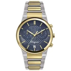 Ferragamo Men’s Swiss Made Quartz Two Tone Stainless Steel Blue Dial 41mm Watch SFME00521