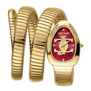 Just Cavalli Women’s Quartz Gold Snake Stainless Steel Red Dial 22mm Watch JC1L228M0045