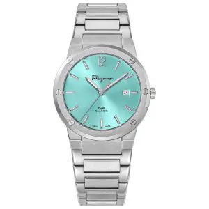 Ferragamo Swiss Made Quartz Silver Stainless Steel Sky Blue Dial 41mm Watch SFDT02323