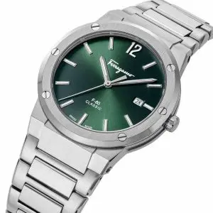 Ferragamo Swiss Made Quartz Silver Stainless Steel Green Dial 41mm Watch SFDT02123