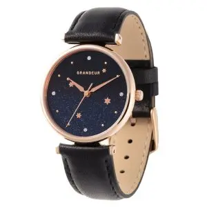 GRANDEUR Women’s Quartz Leather Strap Black & Blue Dial 33mm Watch ESL080W2