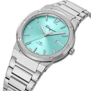 Ferragamo Swiss Made Quartz Silver Stainless Steel Sky Blue Dial 41mm Watch SFDT02323