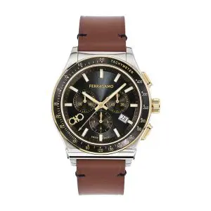 Ferragamo Men’s Swiss Made Quartz Brown Leather Strap Black Dial 42mm Watch SFKZ00323