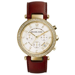 Michael Kors Women's Chronograph Quartz Brown Leather Strap Gold Dial 39mm Watch MK2249