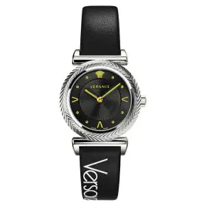 Versace Women’s Quartz Swiss Made Black Leather Strap Black Dial 35mm Watch VERE00918 (Without Tag)