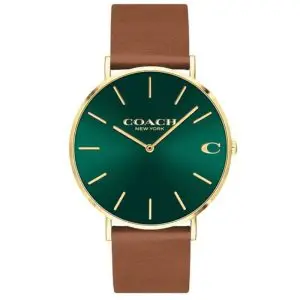 Coach Men’s Quartz Brown Leather Strap Green Dial 41mm Watch 14602435